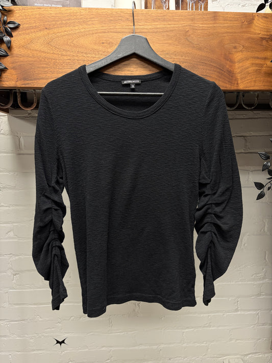 Ann Demeulemeester Ruched Sleeve Ribbed Cotton Black Shirt