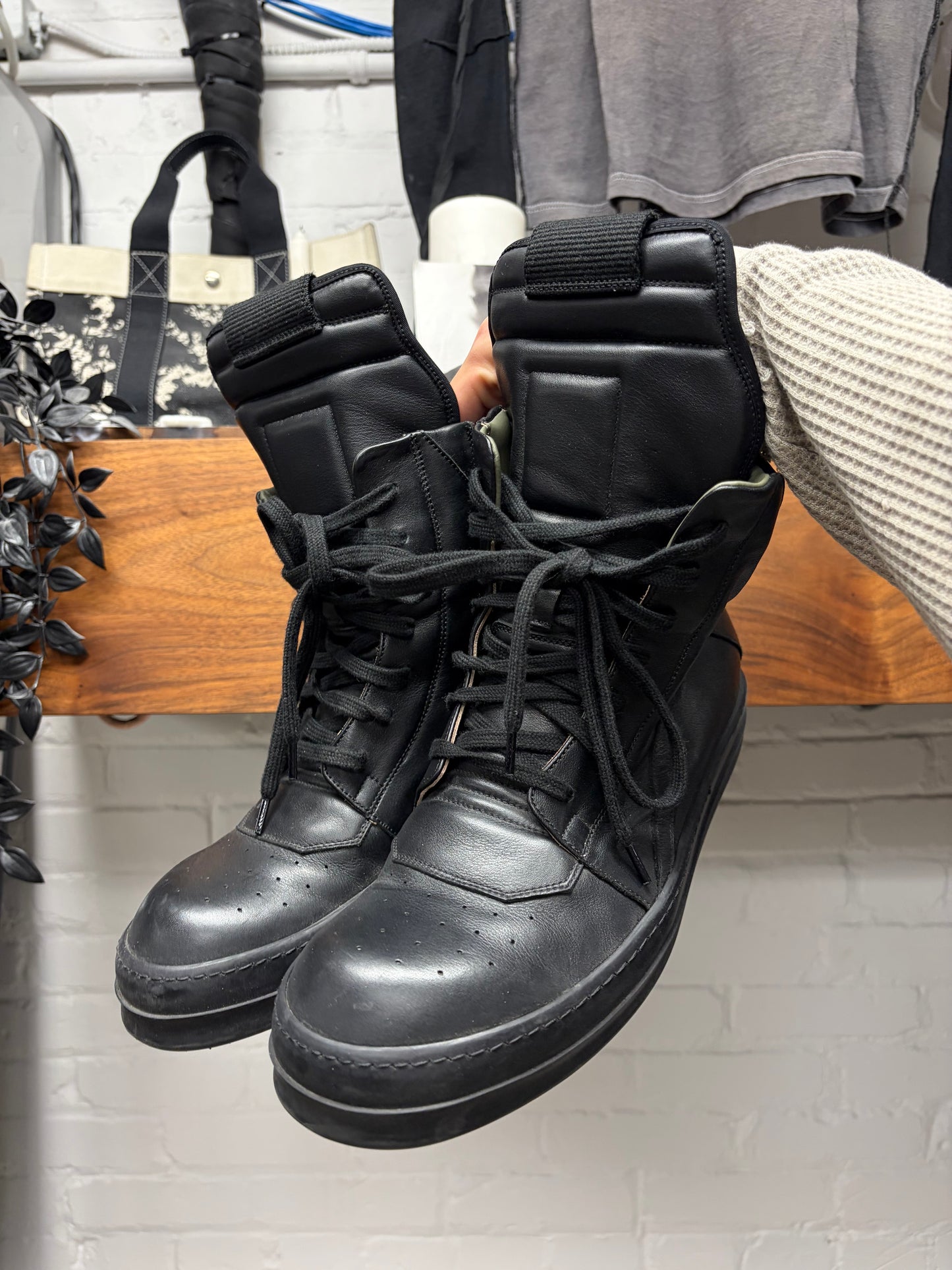 Rick Owens Black Leather ‘Geobasket’ High Top Sneakers
