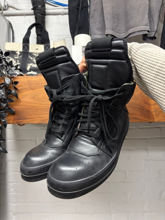 Rick Owens Black Leather ‘Geobasket’ High Top Sneakers