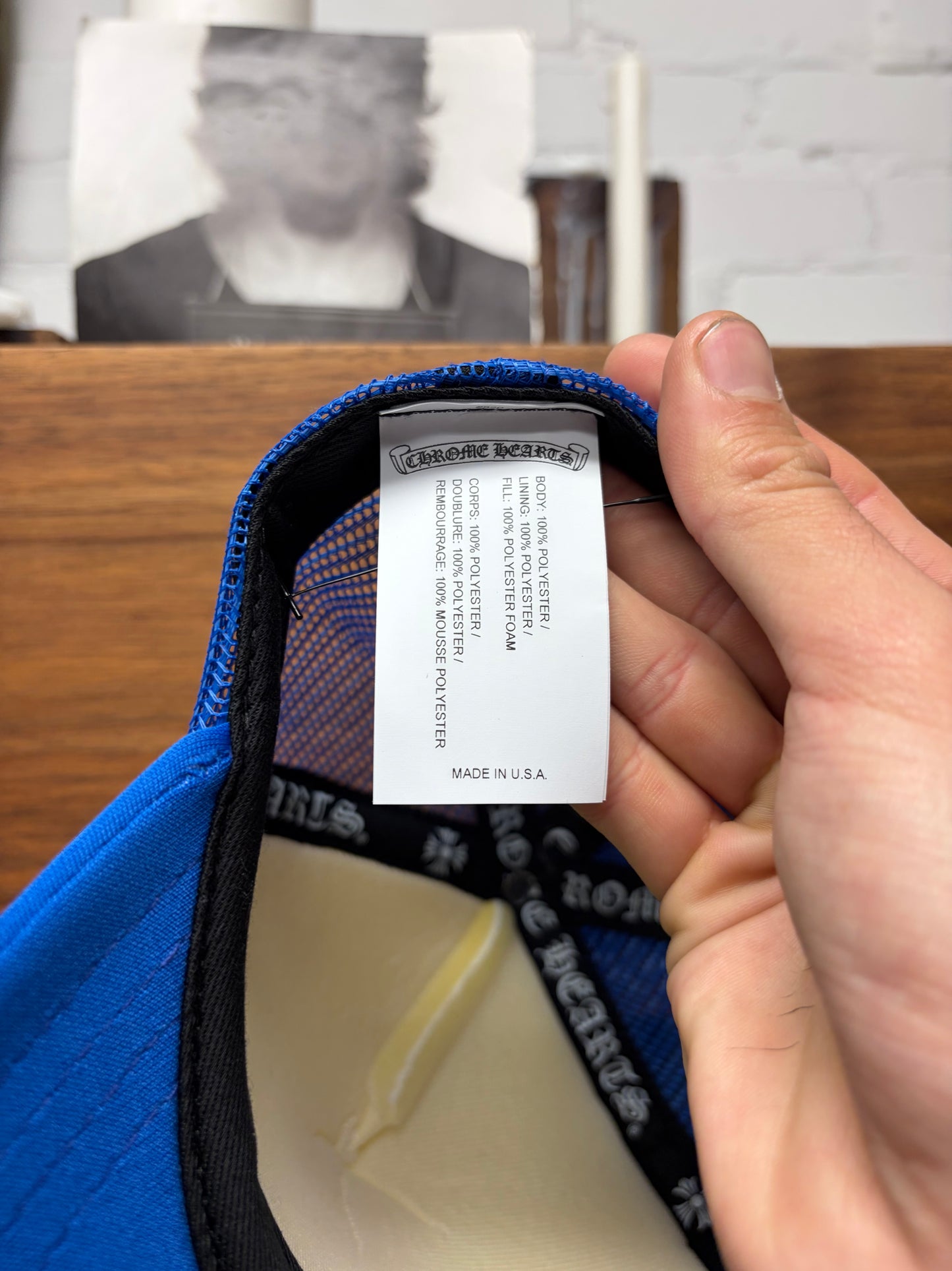 Chrome Hearts ‘Eyechart’ Blue/White Mesh Trucker Hat