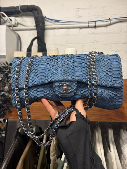 Chanel Blue Python Leather Classic ‘Flap Bag’ with Silver Hardware
