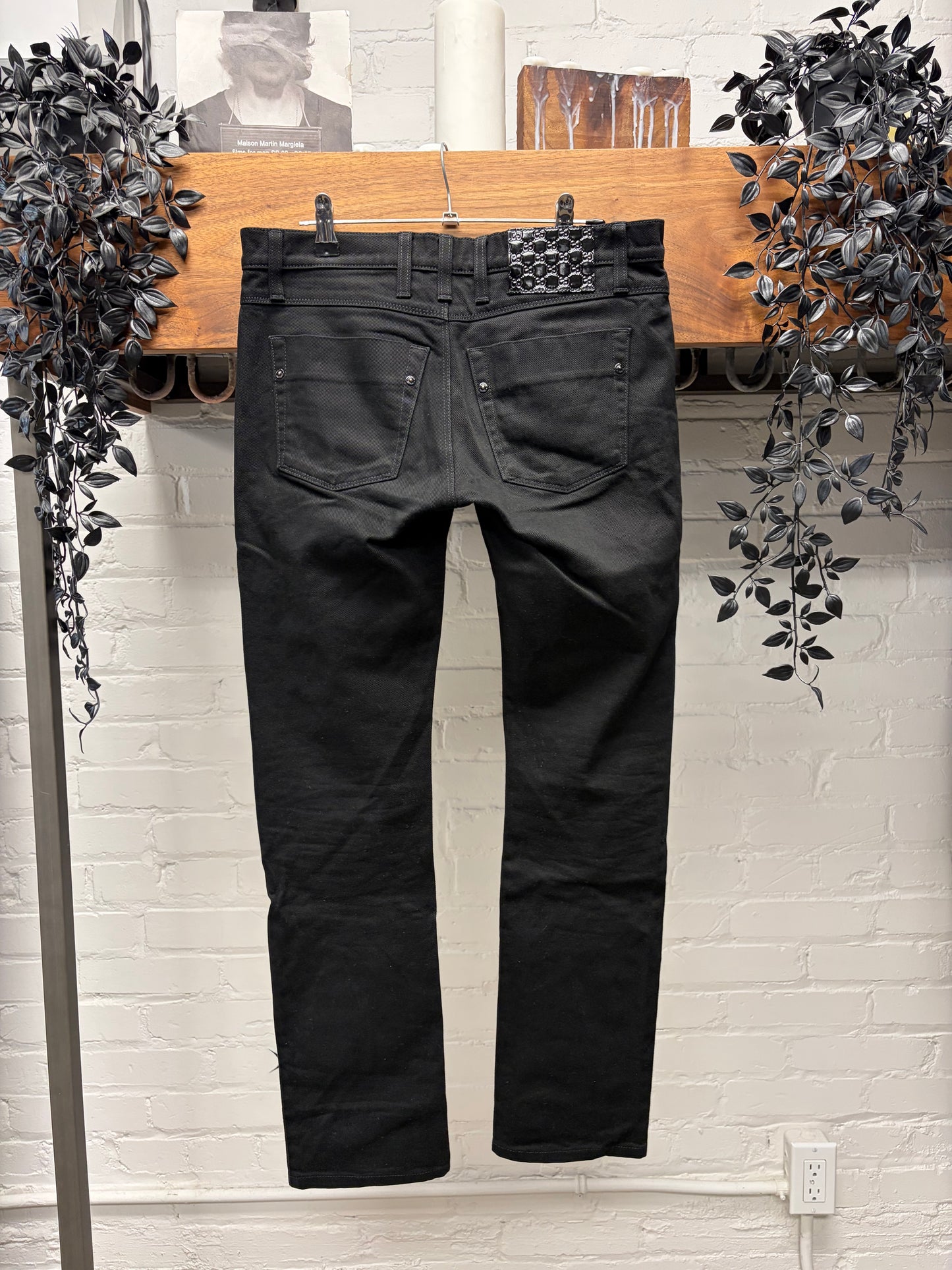 2000s Gucci Men’s Black Skinny Jeans with Guccisima Monogram Logo Jacron Patch