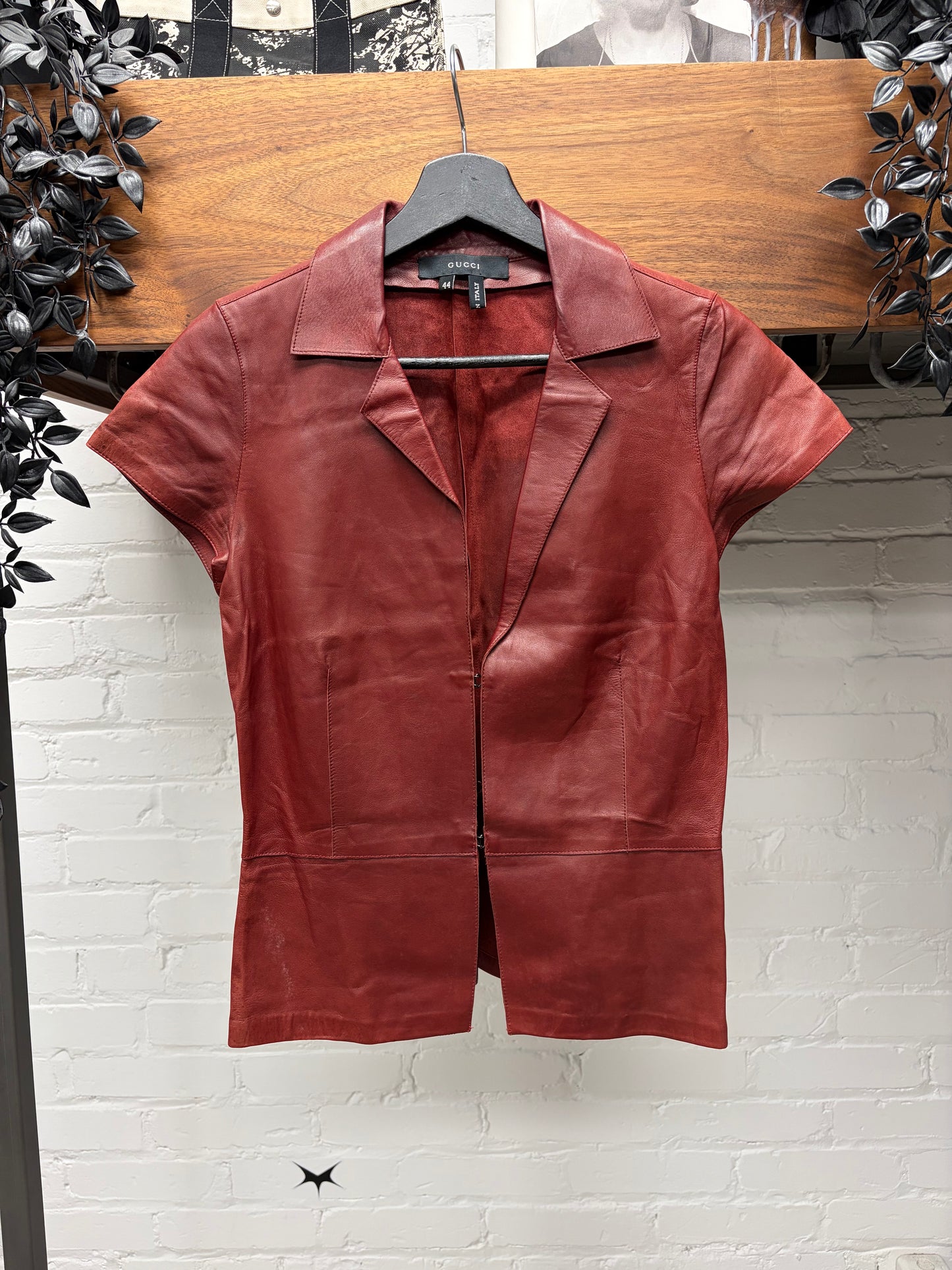 Vintage Gucci by Tom Ford ‘Hook n Eye’ Closure Red Lambskin Leather Shirt