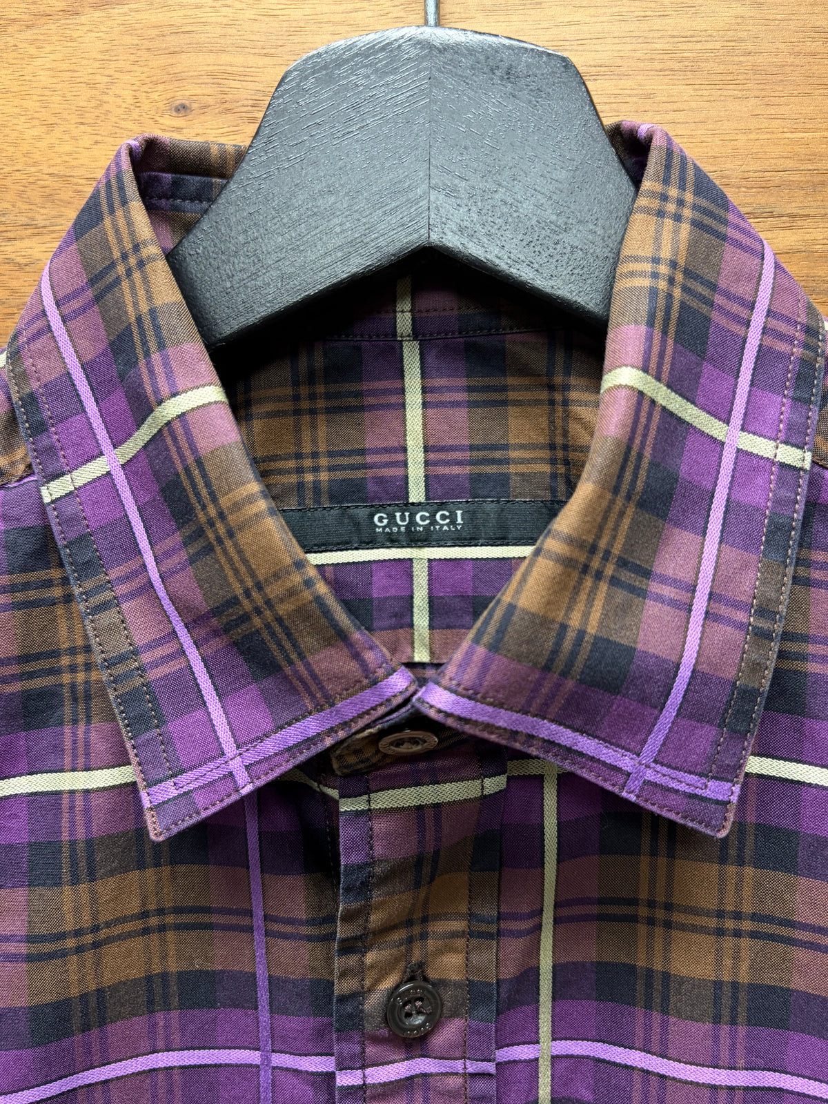 2000s Gucci by Frida Giannini Orange/Purple Plaid Button Up Shirt with Shoulder Epaulets