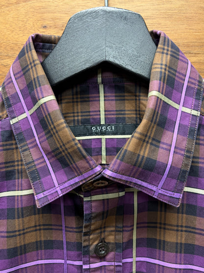 2000s Gucci by Frida Giannini Orange/Purple Plaid Button Up Shirt with Shoulder Epaulets
