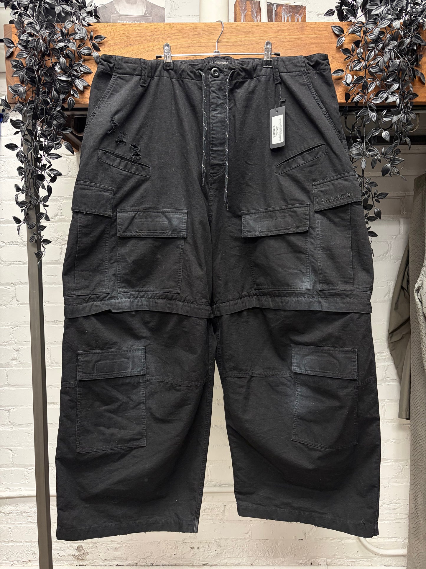 2024 Balenciaga ‘Convertible’ Faded Black Ripstop Drawstring Wide Leg Cargo Pants