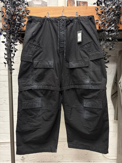 2024 Balenciaga ‘Convertible’ Faded Black Ripstop Drawstring Wide Leg Cargo Pants