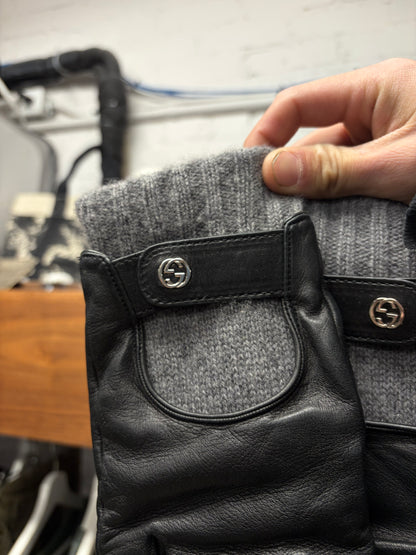 Gucci Black Lambskin Leather ‘Driving Gloves’ with Ribbed Wool Cuffs