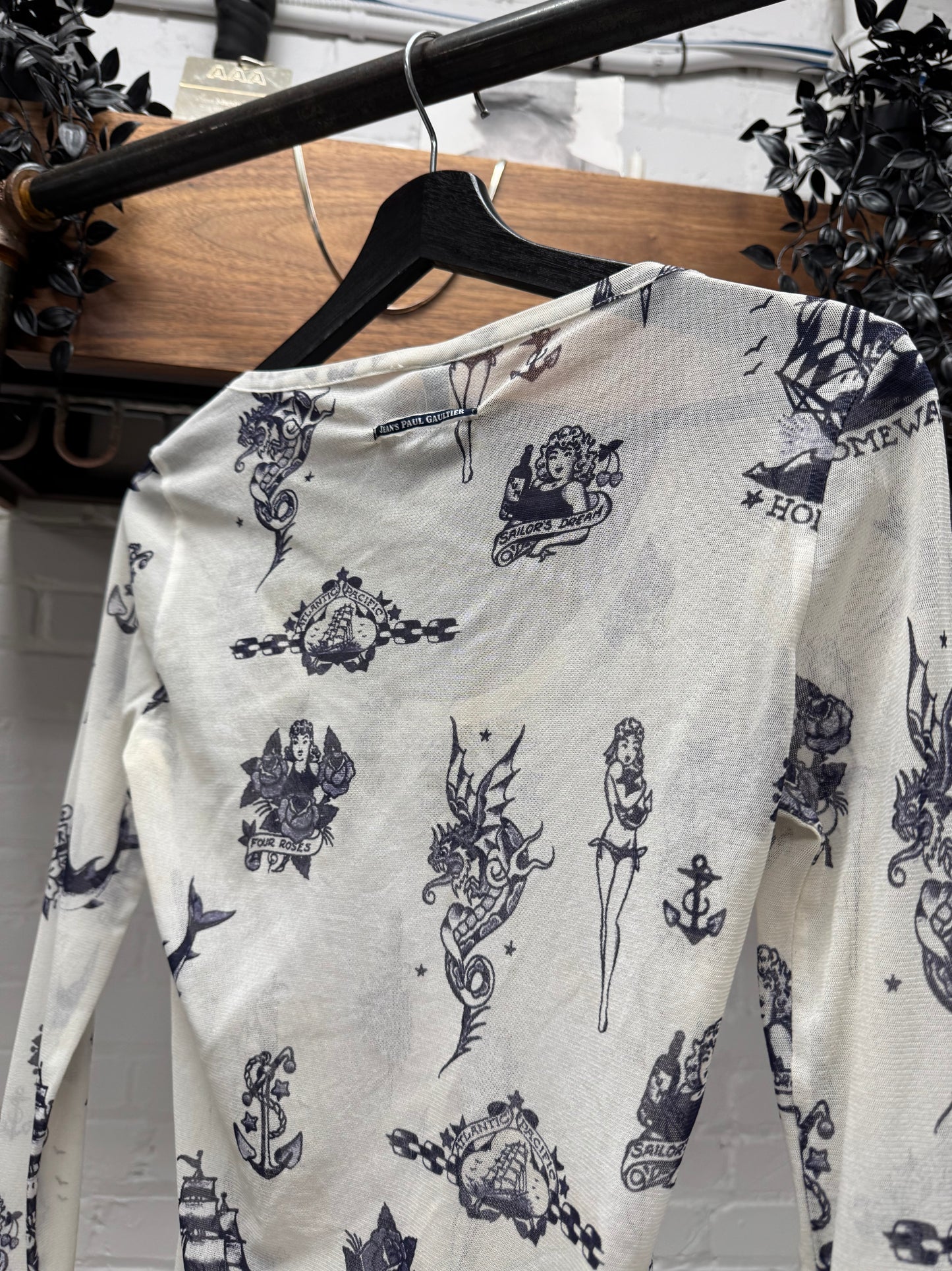 Vintage Jean Paul Gaultier American Traditional ‘Tattoo’ Mesh Long Sleeve Shirt