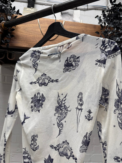 Vintage Jean Paul Gaultier American Traditional ‘Tattoo’ Mesh Long Sleeve Shirt