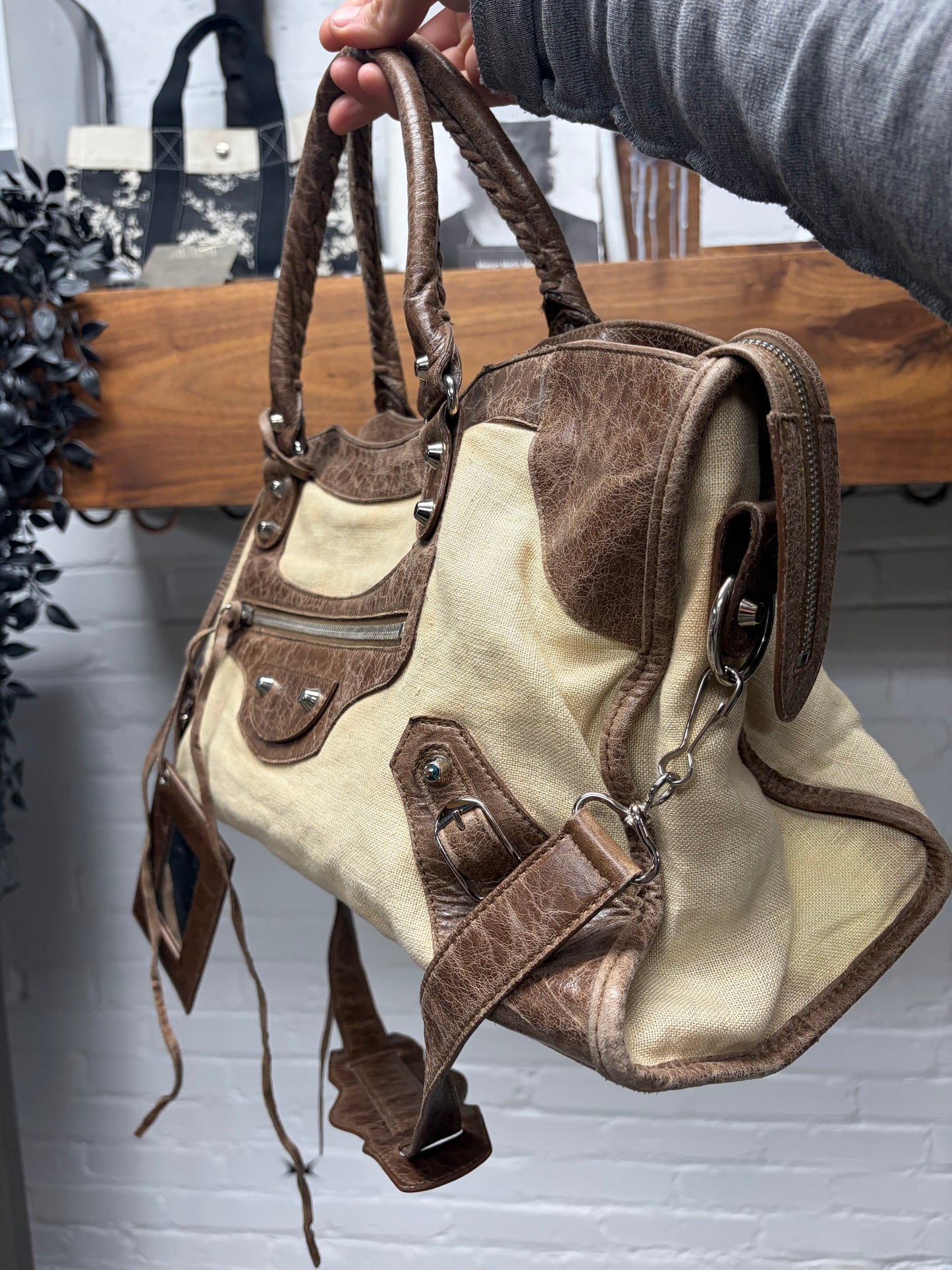 Balenciaga Brown Natural Linen/Leather ‘City Bag’ With Crossbody Strap