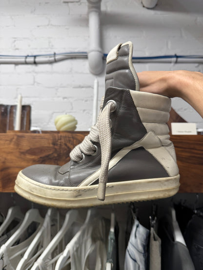 Rick Owens ‘Jumbo Lace’ Grey/Milk Leather ‘Geobasket’ High Top Sneakers