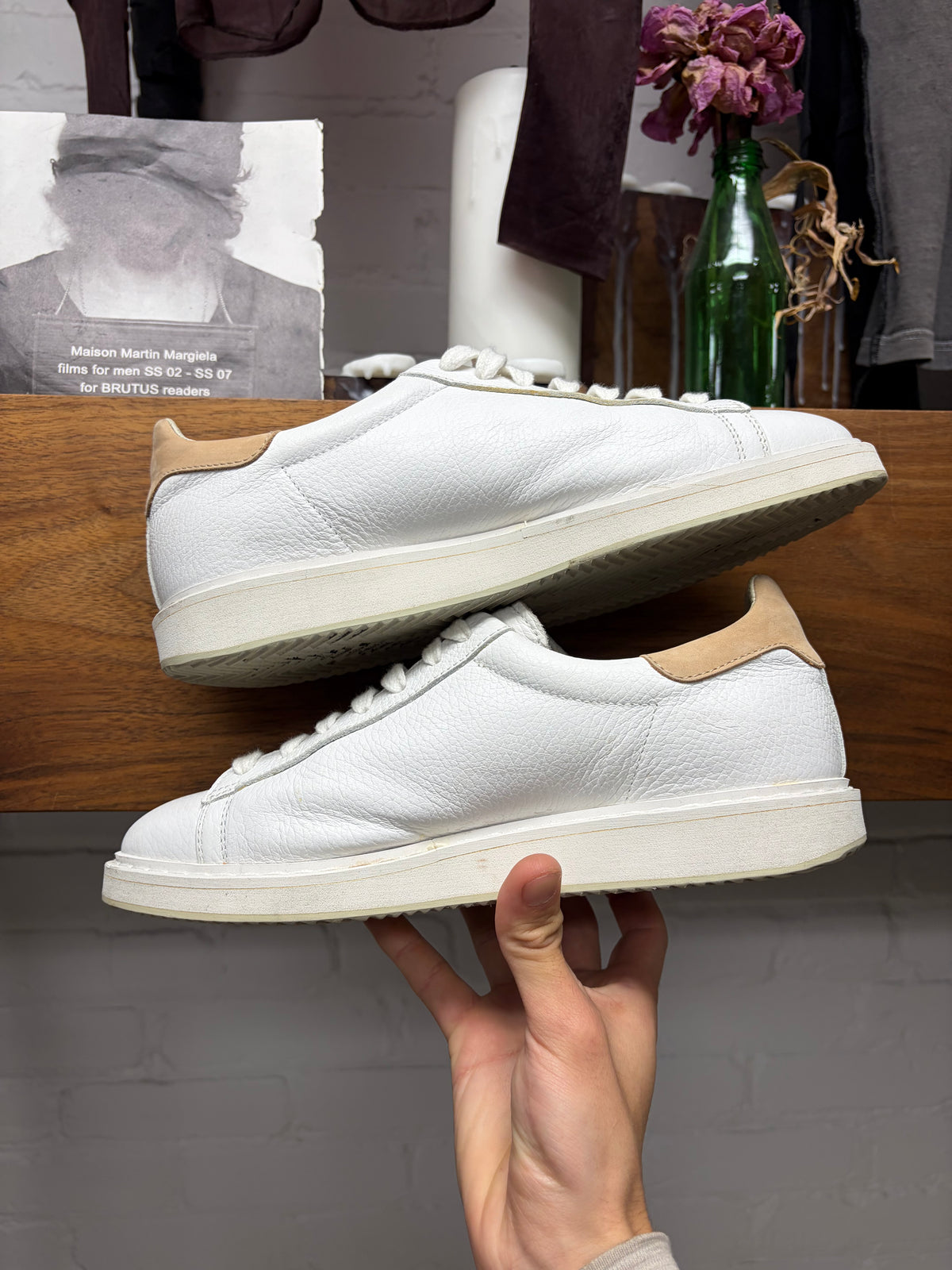 Brunello Cucinelli Grained White Calfskin Leather Low Top Sneakers