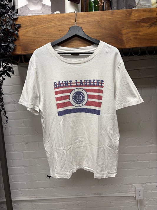 2018 Saint Laurent ‘SL Flag’ White Distressed Cotton Short Sleeve T-Shirt