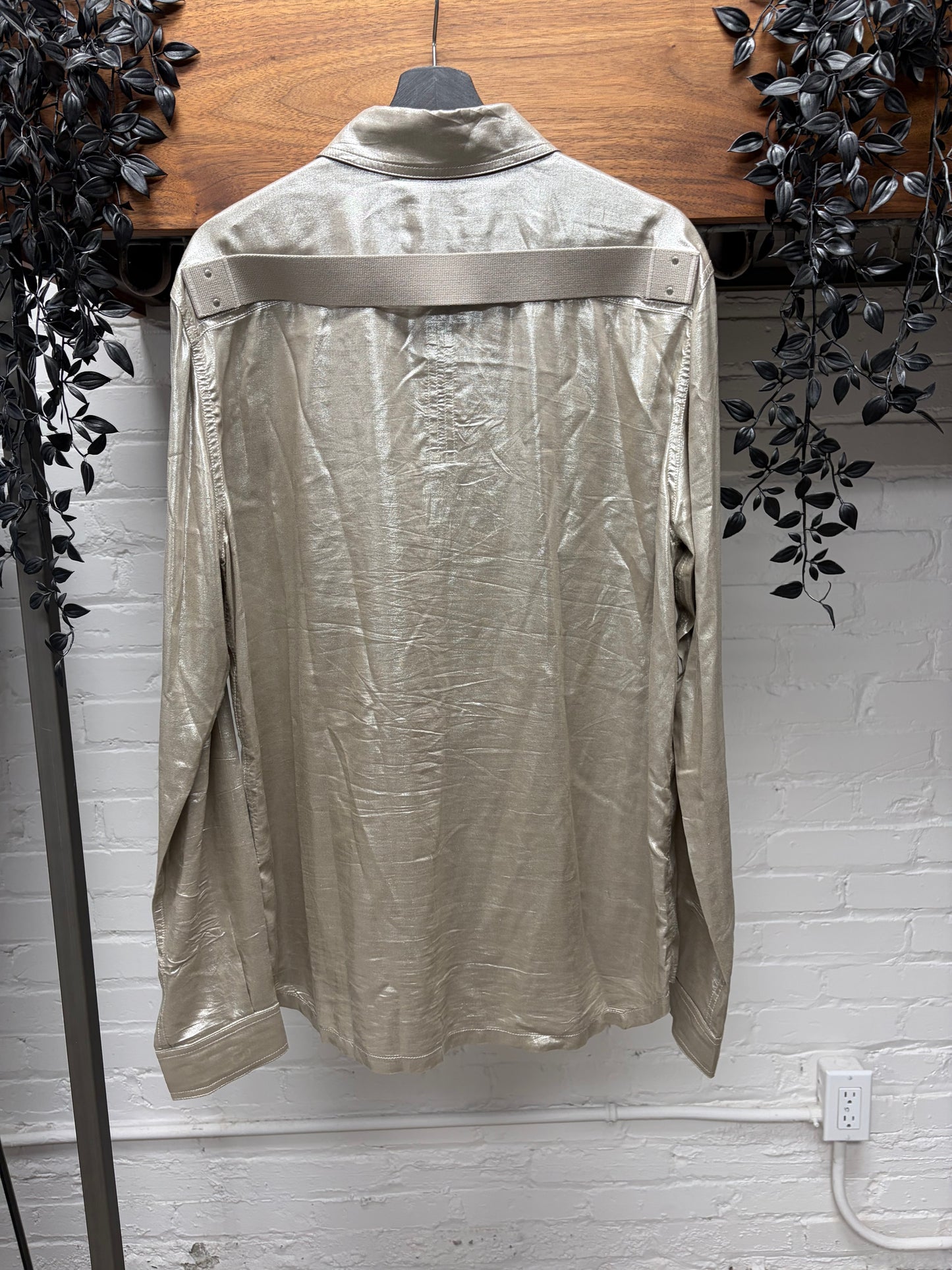 SS2022 Rick Owens ‘Fogachine’ Metallic Effect Coated Silver Shirt with Back Shoulder Strap