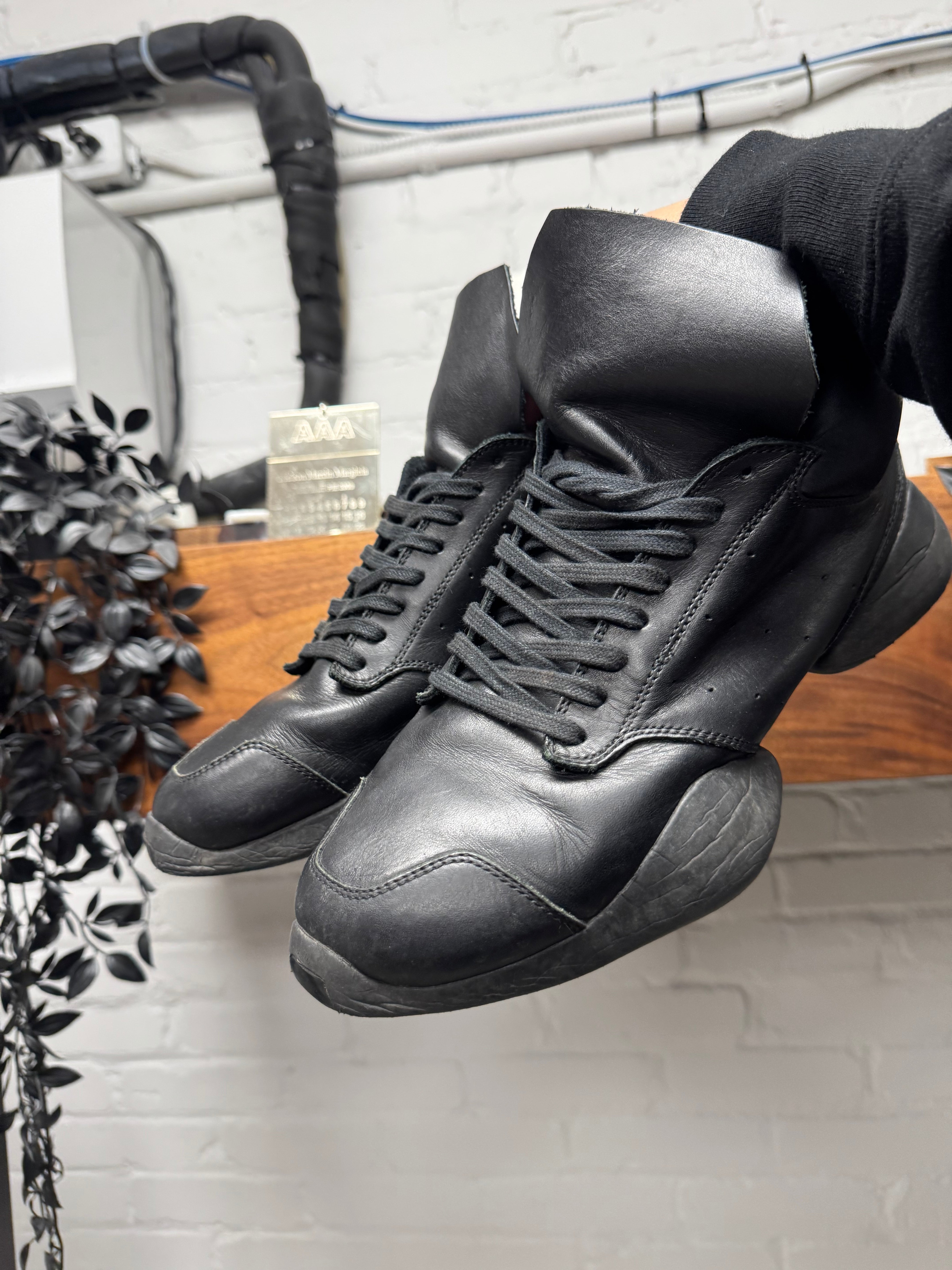 Rick Owens x Adidas 'Vicious' Black Leather Tech Runners. – Alex