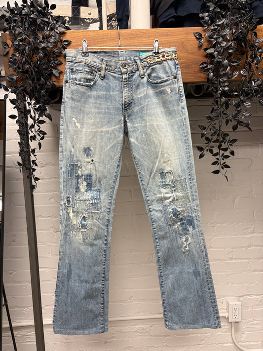 Kapital Custom Order 1/1 Gemstone Studded + Sashiko Repaired Flared Jeans