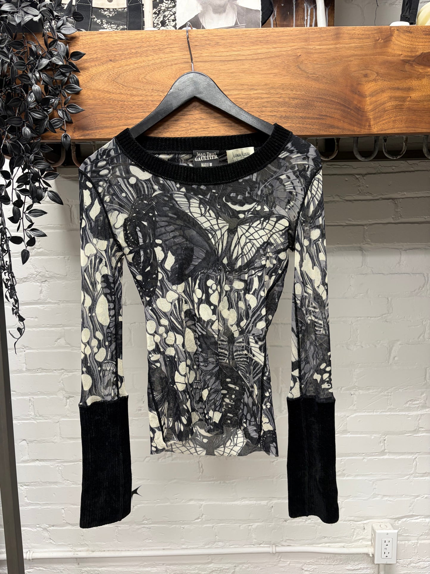 2007 Jean Paul Gaultier ‘Neiman Marcus Exclusive’ Butterfly Mesh Top with Ribbed Velour Cuffs