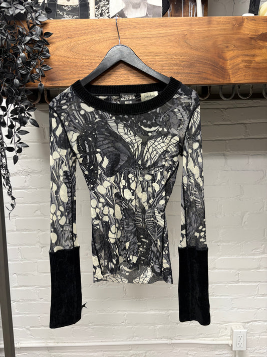 2007 Jean Paul Gaultier ‘Neiman Marcus Exclusive’ Butterfly Mesh Top with Ribbed Velour Cuffs