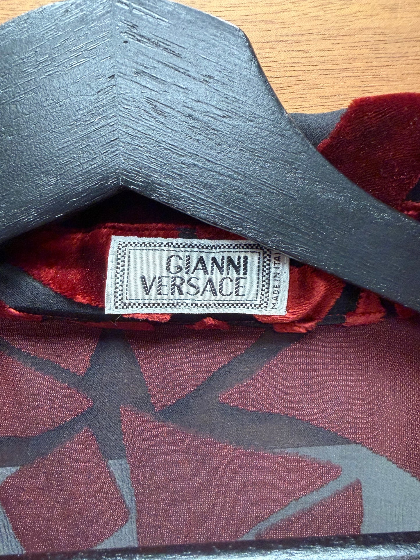 Vintage Gianni Versace Sheer Mesh/Red Velvet Geometric Panelled Button Up Shirt
