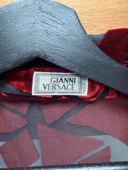 Vintage Gianni Versace Sheer Mesh/Red Velvet Geometric Panelled Button Up Shirt