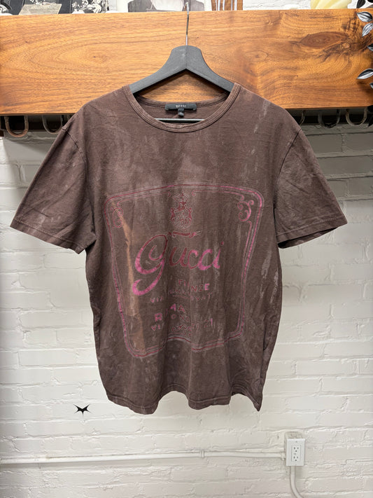 2000s Gucci ‘Faded Signage’ Brown/Pink Graphic T-Shirt