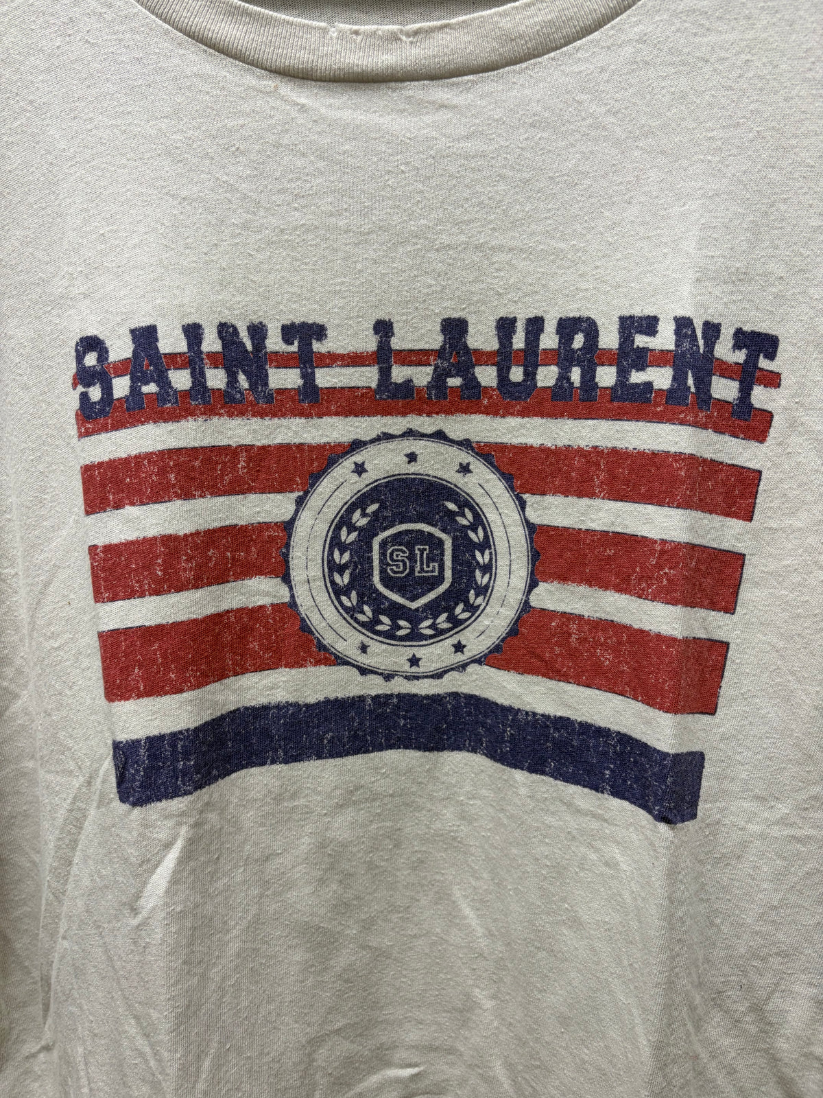 2018 Saint Laurent ‘SL Flag’ White Distressed Cotton Short Sleeve T-Shirt