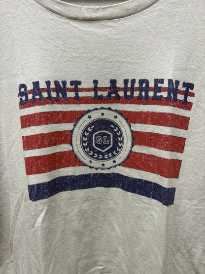 2018 Saint Laurent ‘SL Flag’ White Distressed Cotton Short Sleeve T-Shirt