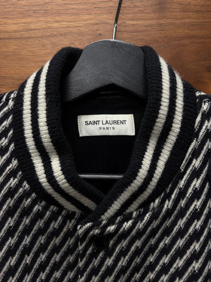 AW2018 Saint Laurent Houndstooth Black/White ‘Teddy’ Varsity Jacket with Leather Accents