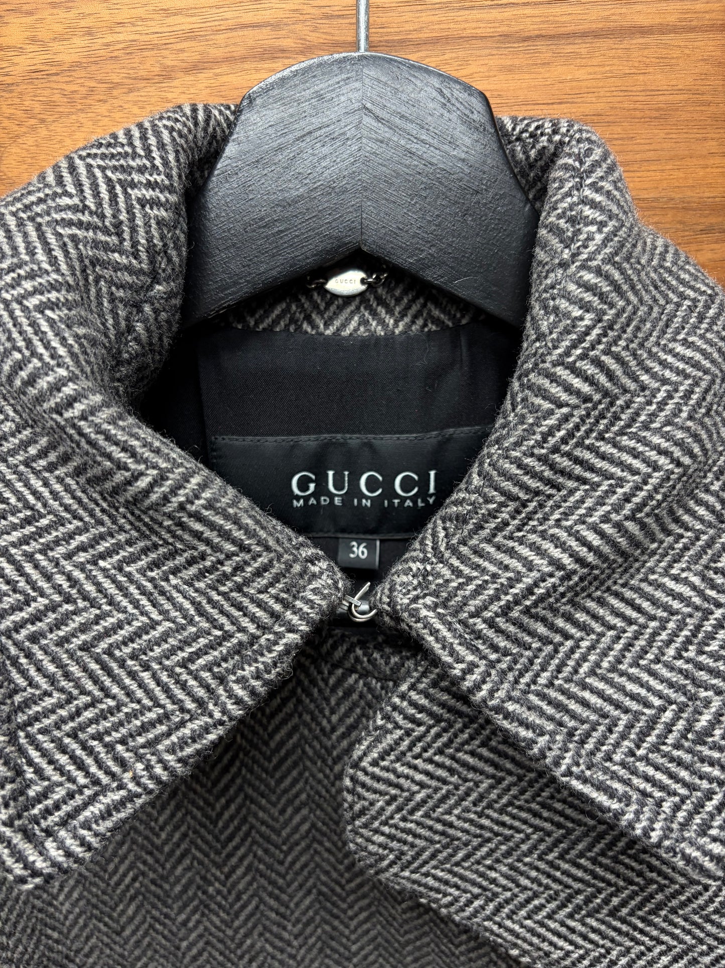 2010s Gucci ‘Herringbone’ High Neck Closure Wool Trench Coat