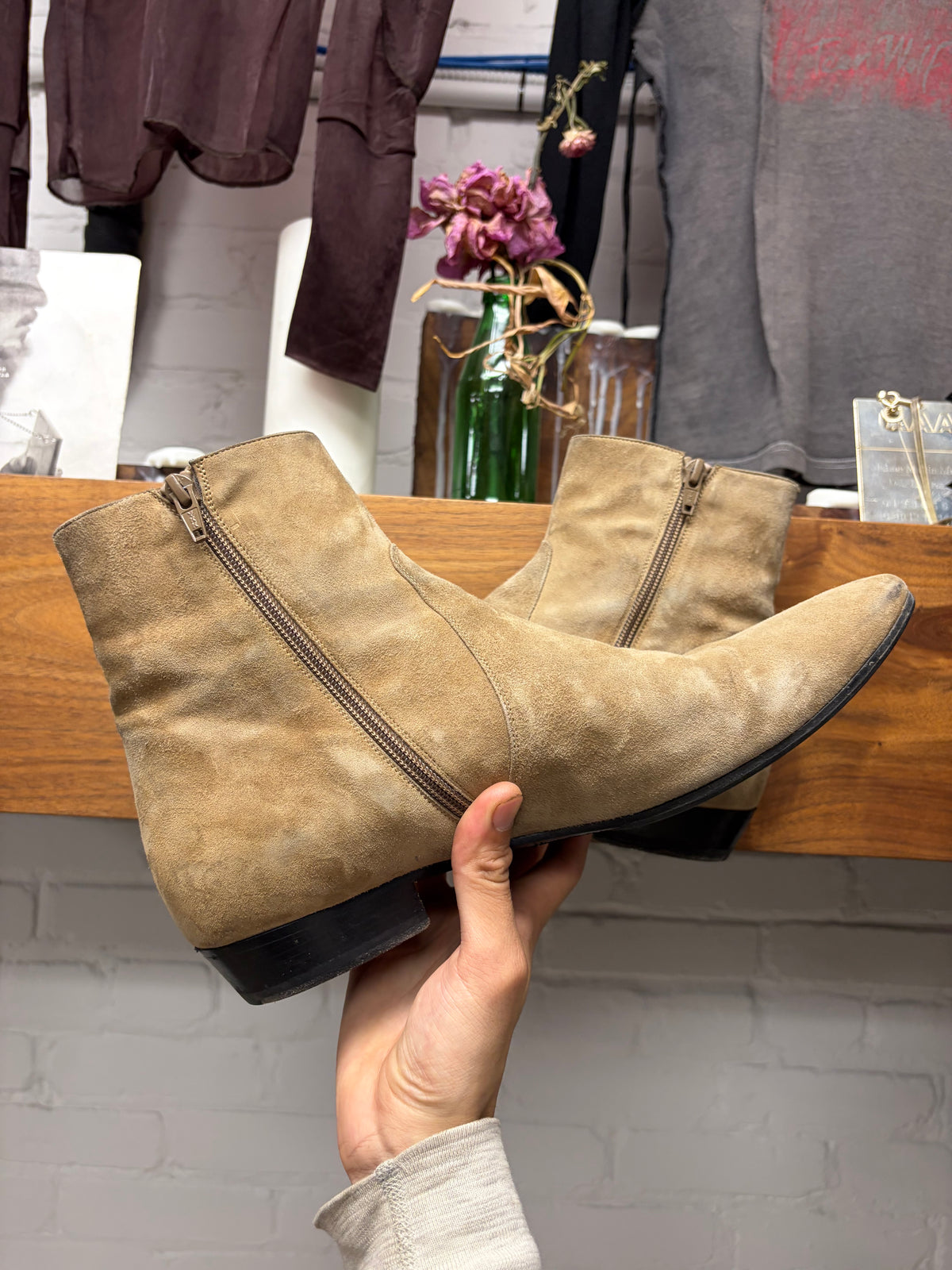 Saint Laurent by Anthony Vacarello Tan Suede Pointed Toe Chelsea Boots
