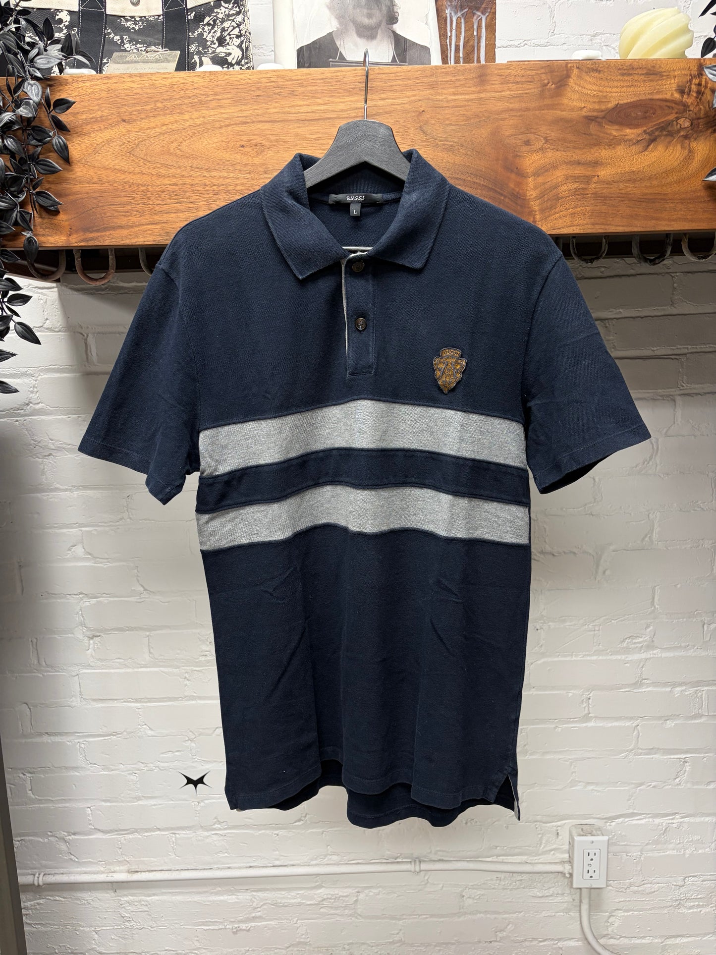 Vintage Gucci ‘Crest Logo’ Badge Appliqué Striped Cotton Polo