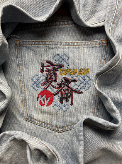 Kansai Yamamoto Embroidered Logo Wide Leg Light Wash Denim