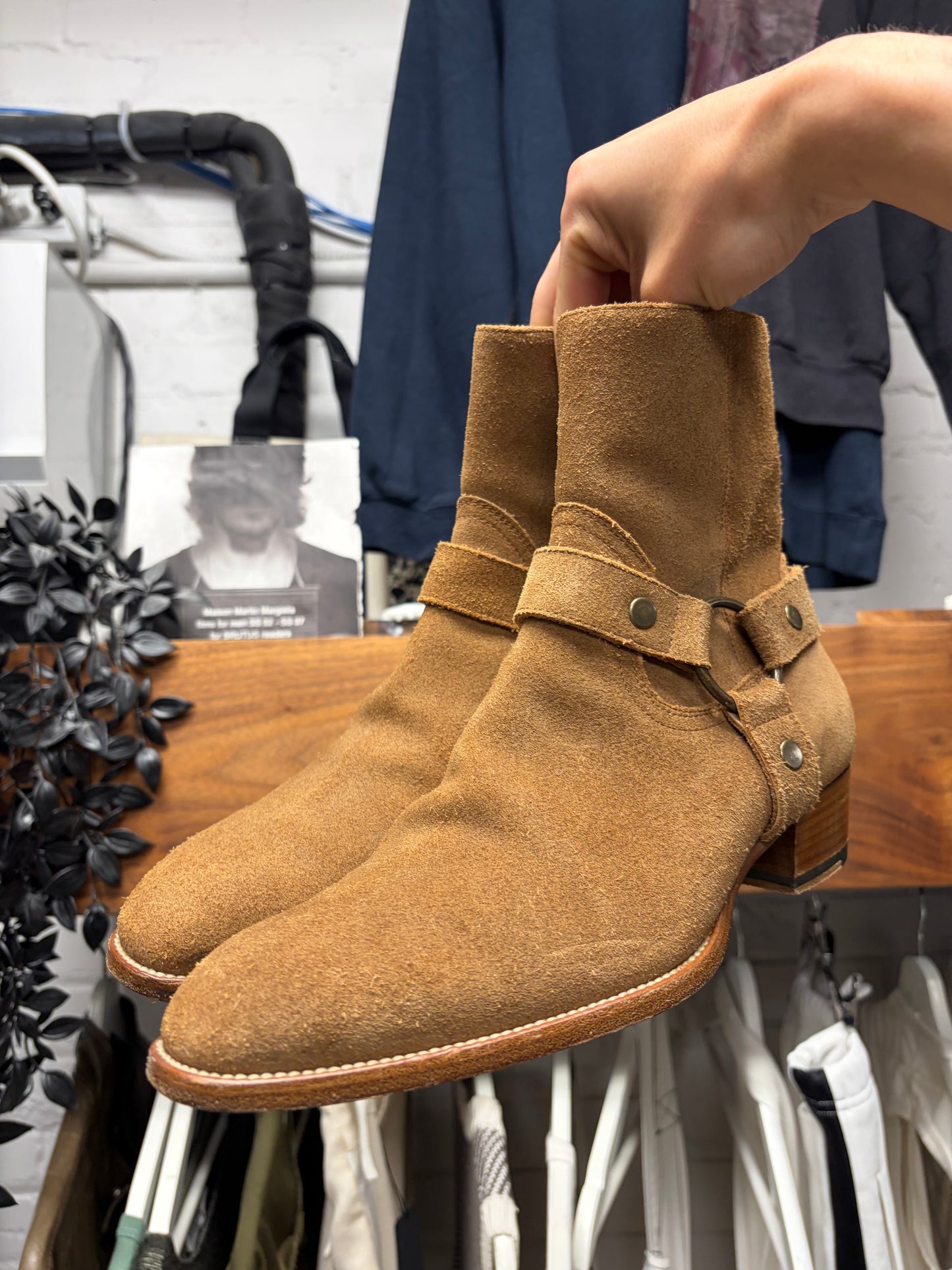 Saint Laurent ‘Wyatt’ Harness Brown Suede Pointed Toe Chelsea Boots