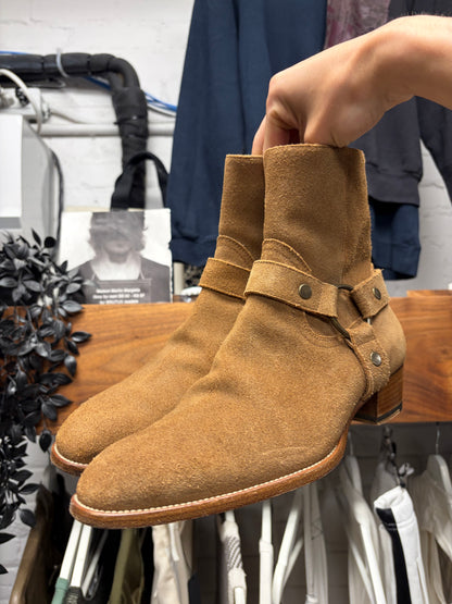 Saint Laurent ‘Wyatt’ Harness Brown Suede Pointed Toe Chelsea Boots