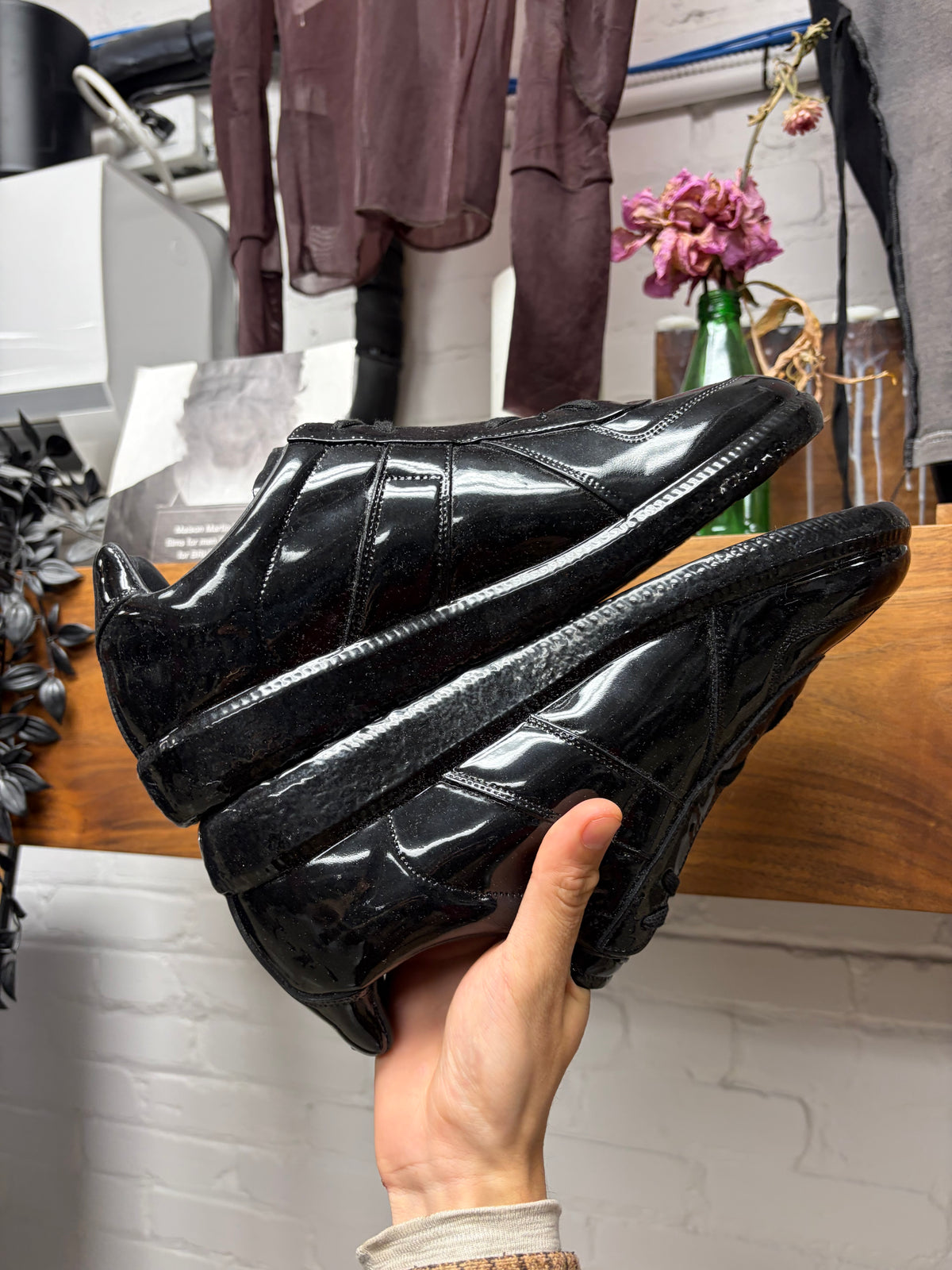 Maison Margiela ‘G.A.T.’ Black Glossy Patent Leather Low Top Sneakers