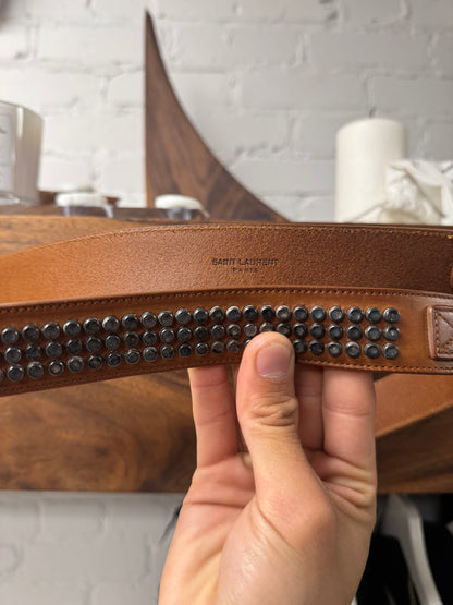 Saint Laurent Leather Studded Brown Calfskin Leather Belt