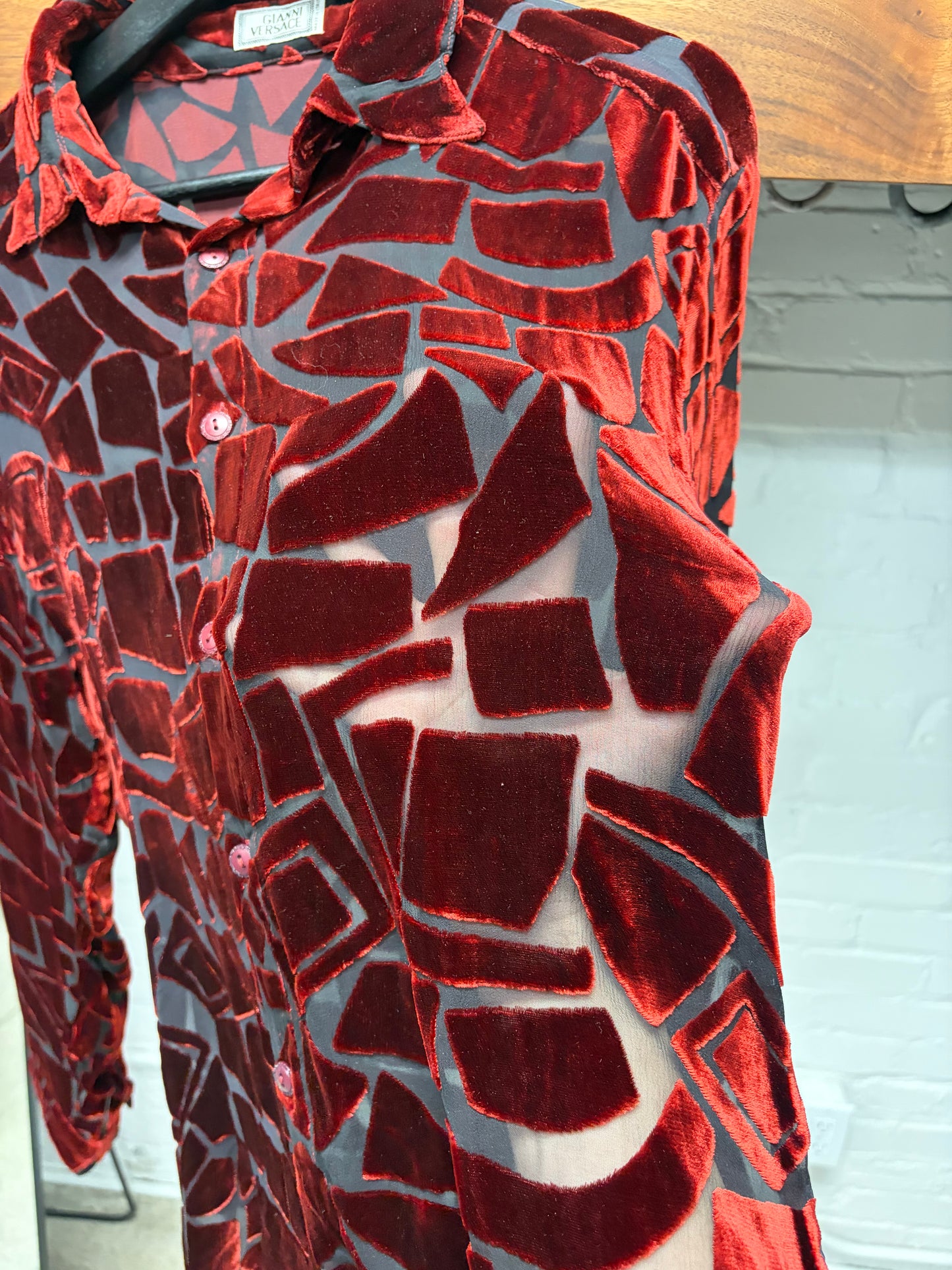 Vintage Gianni Versace Sheer Mesh/Red Velvet Geometric Panelled Button Up Shirt