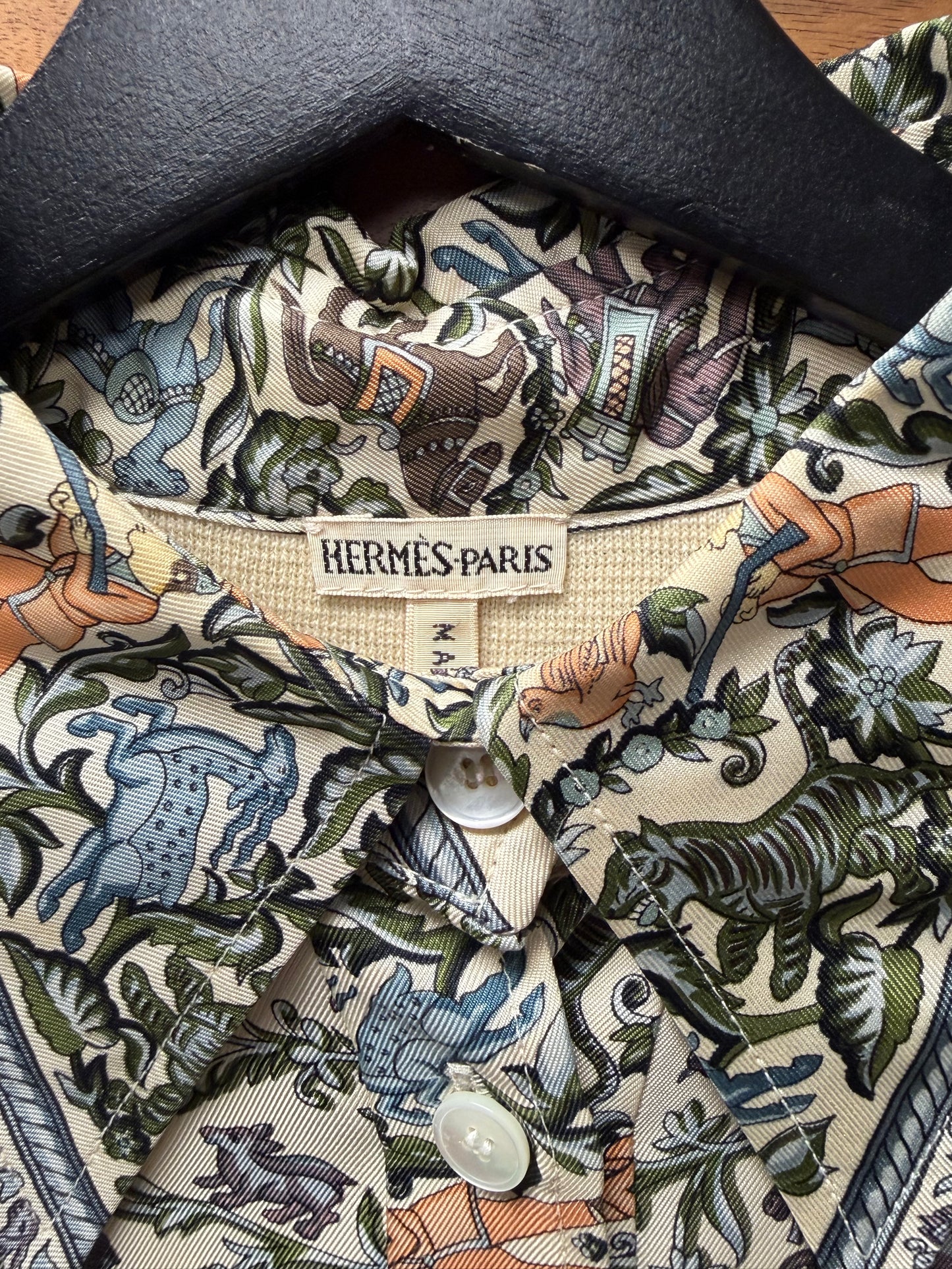 Vintage Hermes by Martin Margiela ‘"Chasse en Inde" Silk/Wool Knit 1/4 Button Up Shirt