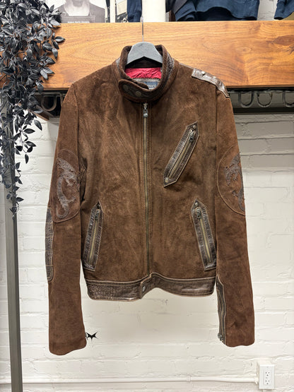 AW1998 Armani ‘Dragon Hide’ Suede/Leather Patched Brown Bomber Jacket