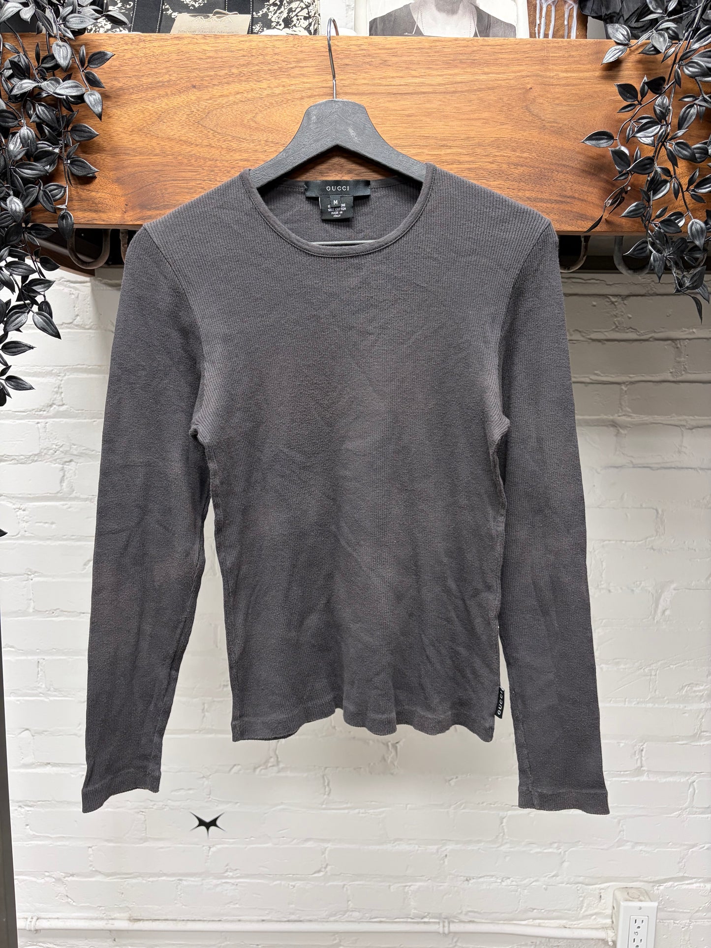 Vintage Gucci Grey Ribbed Cotton Long Sleeve Shirt