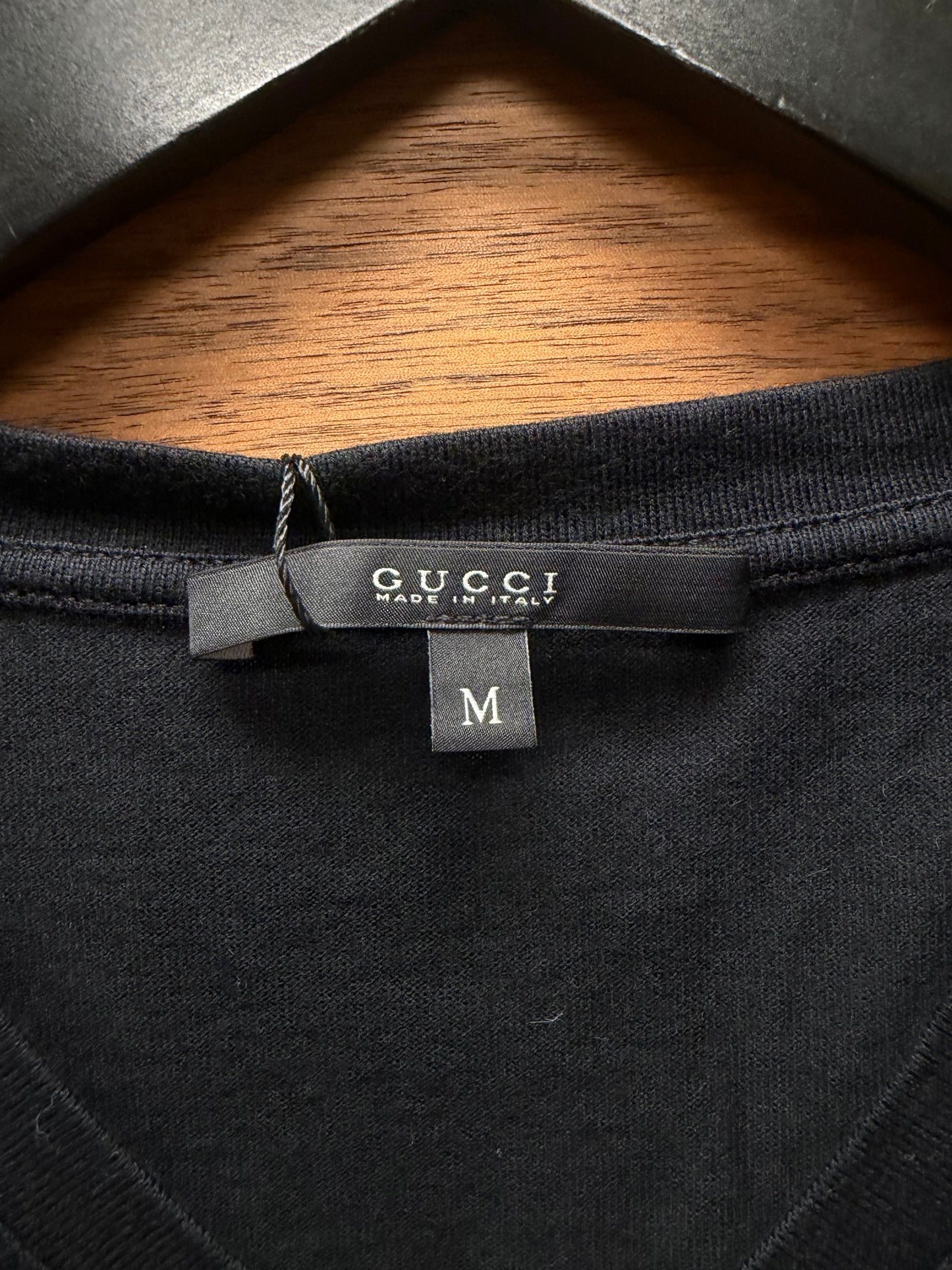 2000s Gucci ‘Striped Logo’ V-Neck Black Cotton T-Shirt