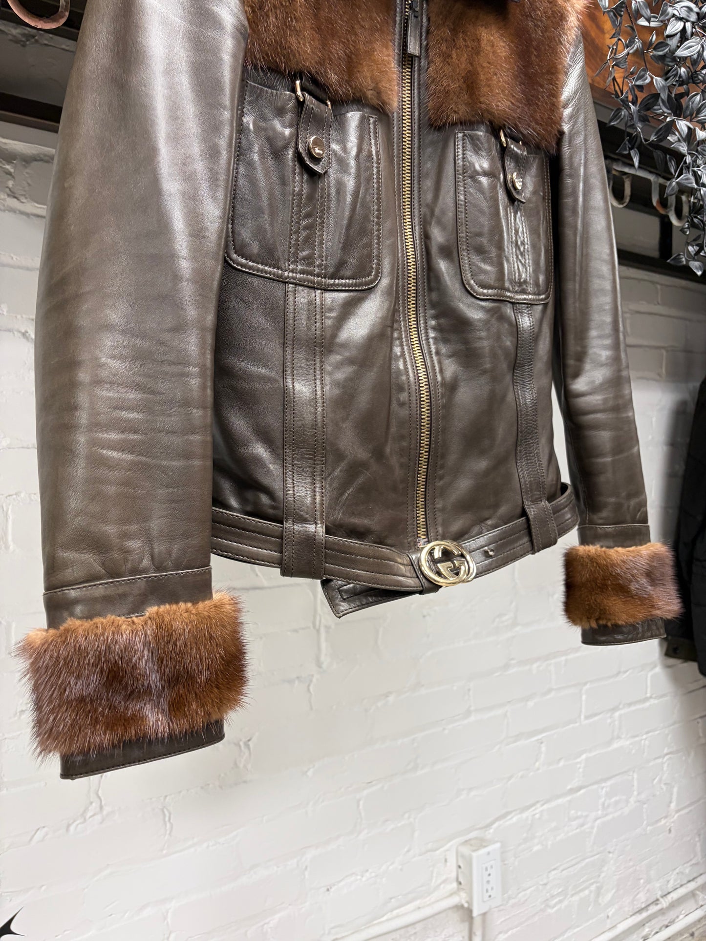 Gucci by Tom Ford Mink Fur/Leather GG Buckle Belted Jacket