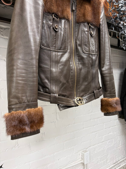 Gucci by Tom Ford Mink Fur/Leather GG Buckle Belted Jacket