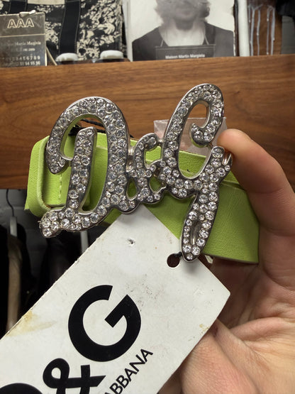 2000s Dolce & Gabbana Lime Green Leather Rhinestone Logo Belt