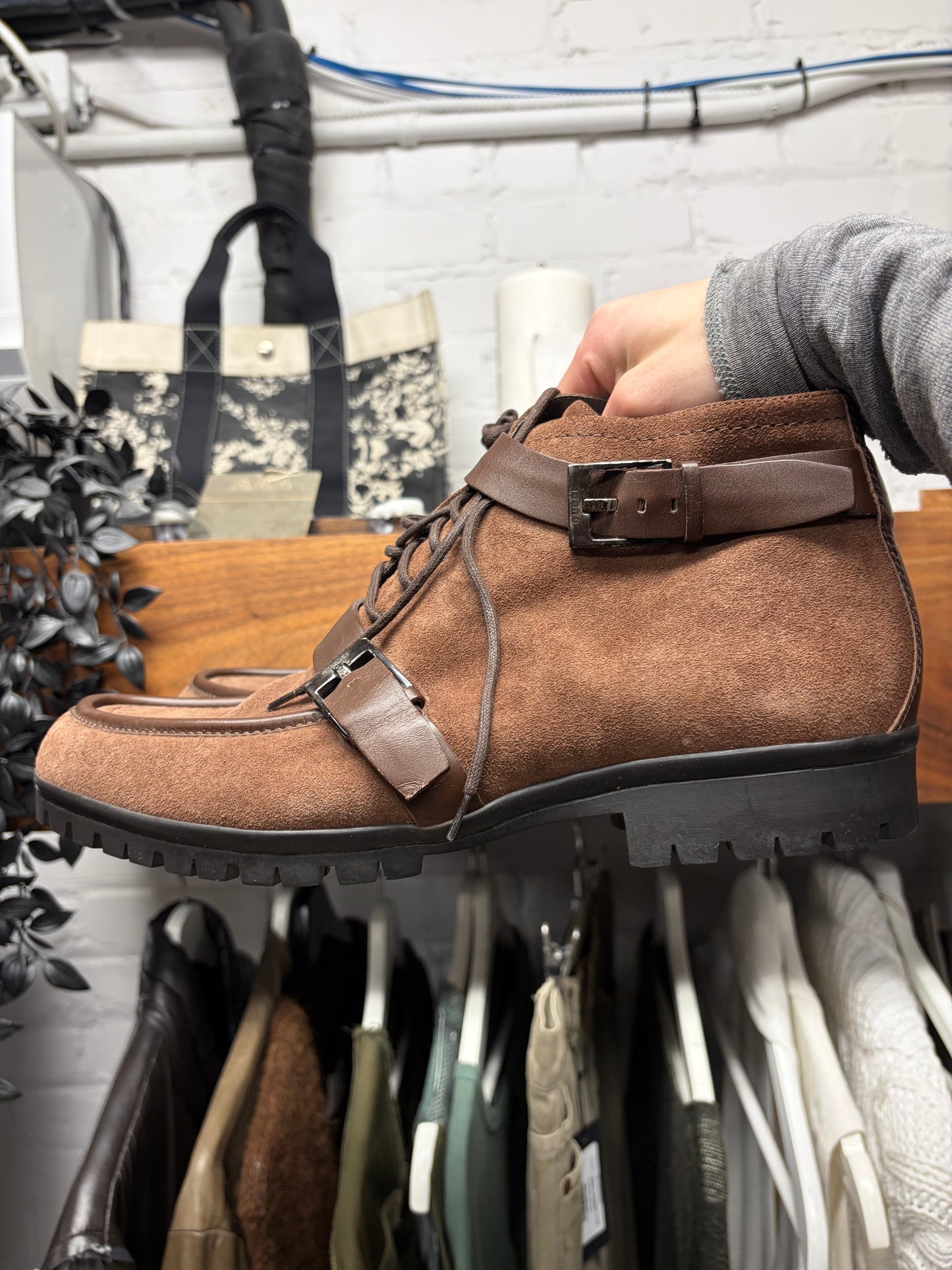 Gucci Leather ‘Buckle Strap’ Brown Suede Ankle Boots
