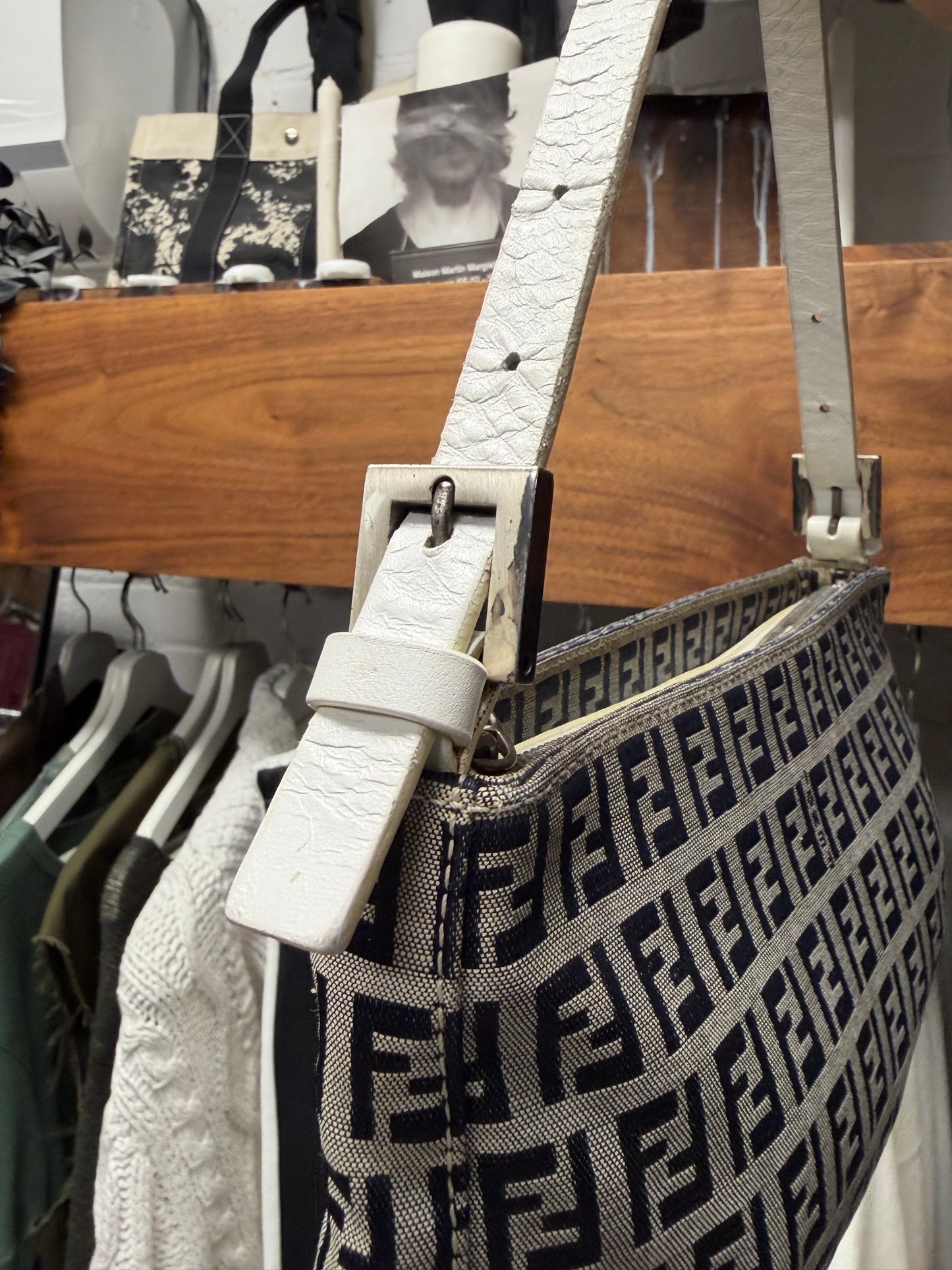 Fendi ‘Zucchino’ Canvas Monogram Baguette Bag with Leather Strap