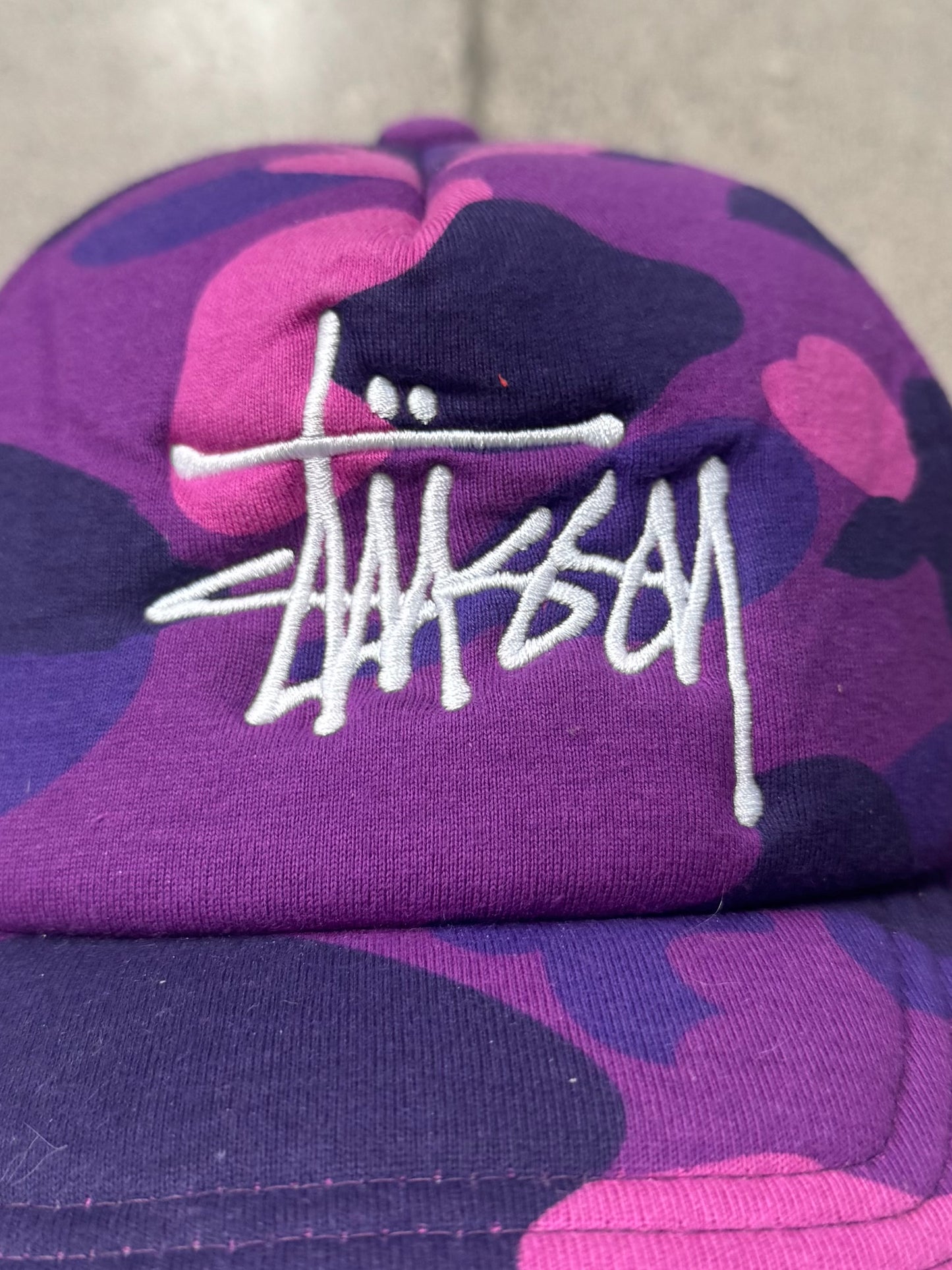 Bape x Stussy Purple Camo SnapBack Trucker Hat