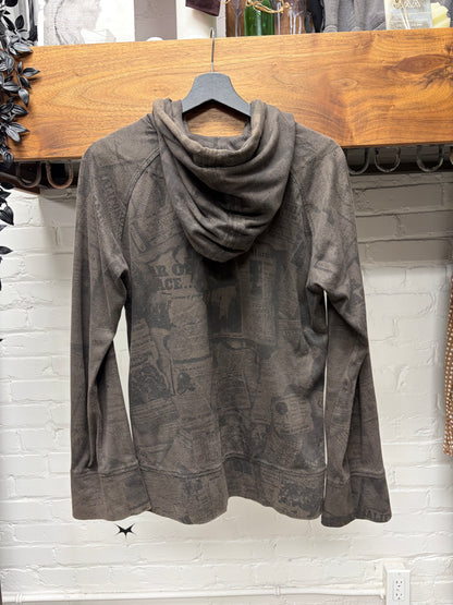 14th Addiction ‘Newspaper Print’ Zip Up Hoodie with Leather Tassels