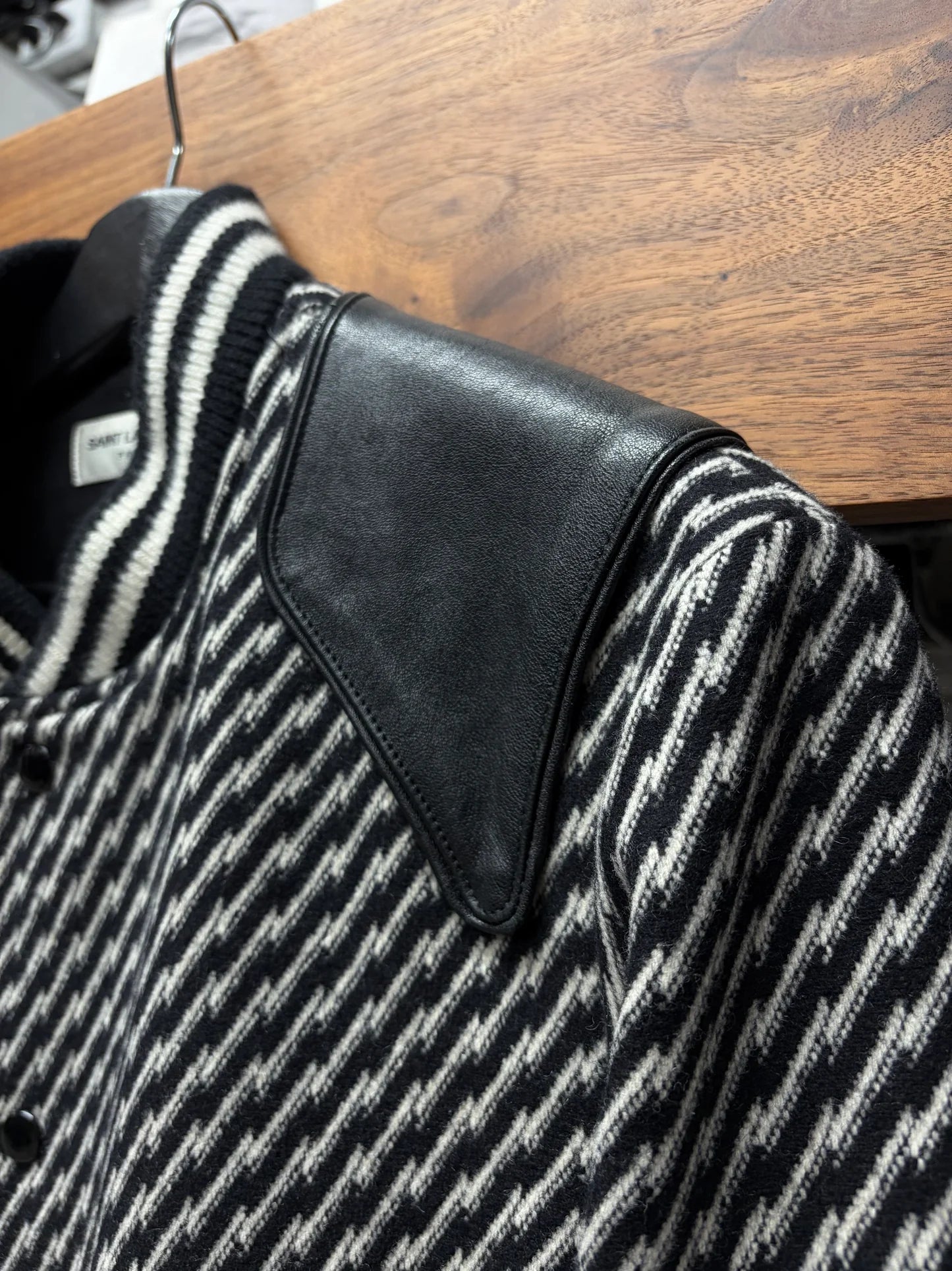 AW2018 Saint Laurent Houndstooth Black/White ‘Teddy’ Varsity Jacket with Leather Accents